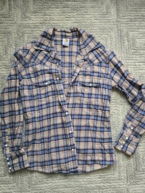 Carhartt Women's Plaid Button-Down Shirt in Blue and Tan